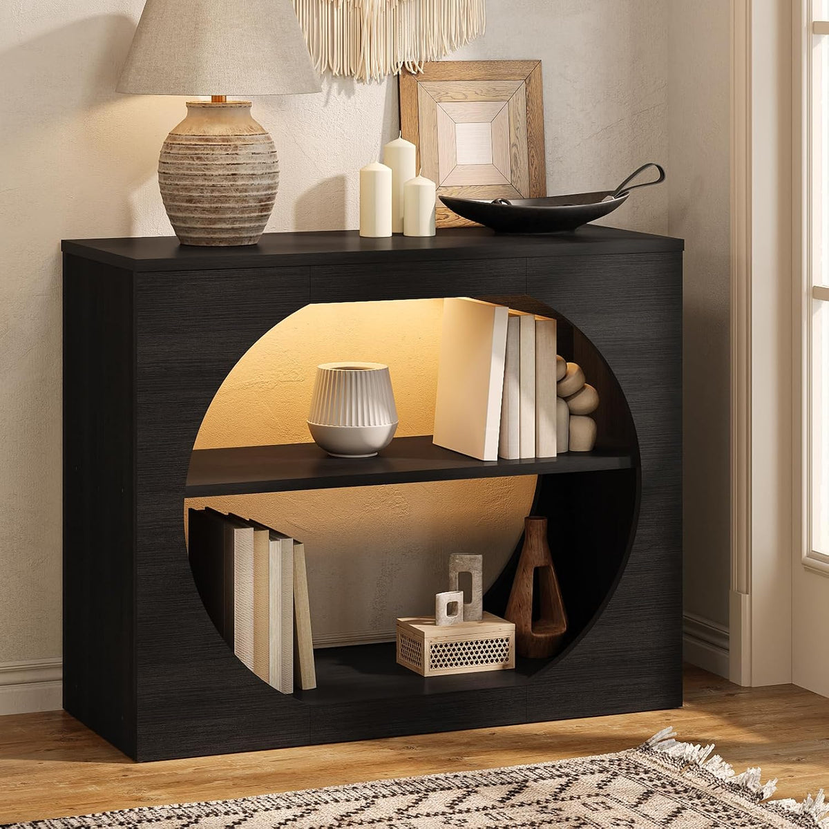 Entryway Table, 39'' Black Console Table with LED Light 3-Tier Modern Wood Accent Console Tables for Entryway, Living Room, Foyer, Hallway, Entry