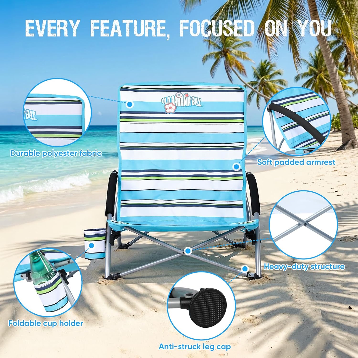 Old Bahama Bay 2 Pack Ergonomic Low Beach Chair for Back Support – Heavy Duty 350lbs Folding Sand Chair, Cup Holder & Carry Bag – Lightweight Portable Seat for Beach, Camping, Concerts,Stripe Design