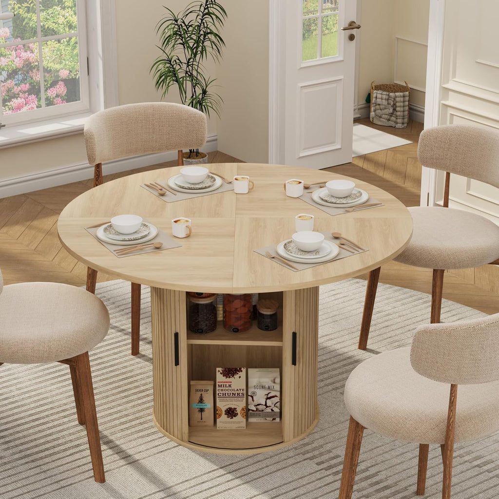 IDEALHOUSE 47 Inch Round Dining Table for 4, Natural Oak | Farmhouse Kitchen Table, 2-Layer Storage Shelf, Wood Slide Door, Space Saving
