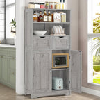 Iwell Storage Cabinet with 2 Drawers & Adjustable Shelf, Tall Bathroom Cabinet with Doors, Cupboard, Kitchen Cabinets for Living Room, Dining Room, Entryway, Grey