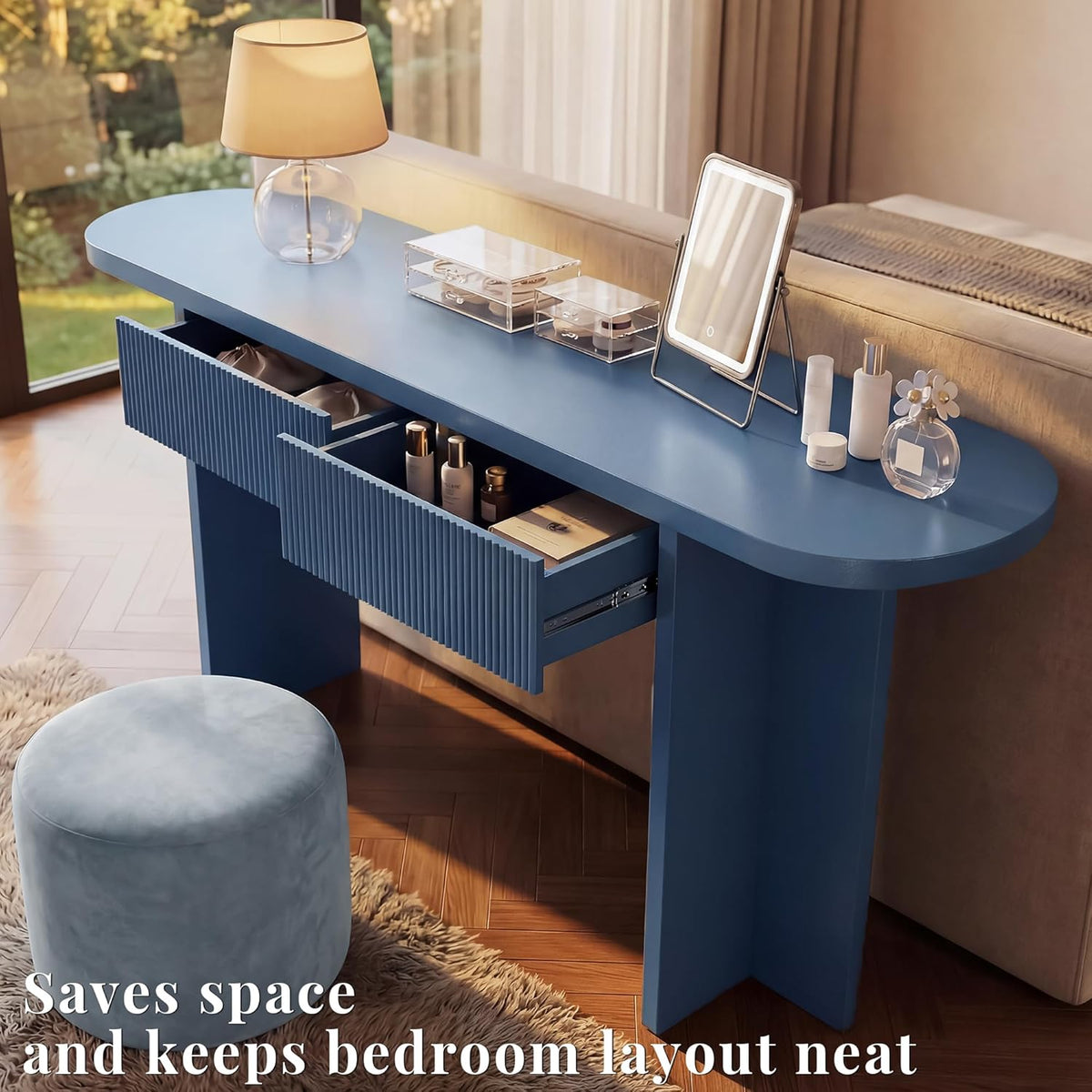 63" Fluted Entryway Console Table with 2 Drawers & Storage, Blue | Ribbed Accent Piece,Curved Edge,Hidden Catch-All,Dense MDF,Narrow Hallway,Behind Couch,Slim Profile,Solid Build,Foyer Accent