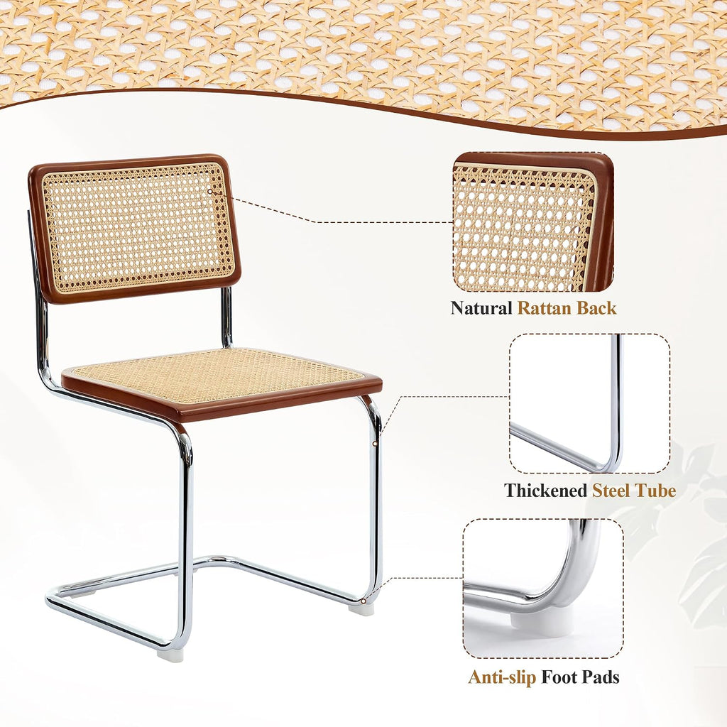Rattan Dining Chairs Set of 2, Boho Modern Dining Chairs with Rattan Back, Curved Steel Base, Cantilever Kitchen Chairs for Kitchen, Living Room, Brown