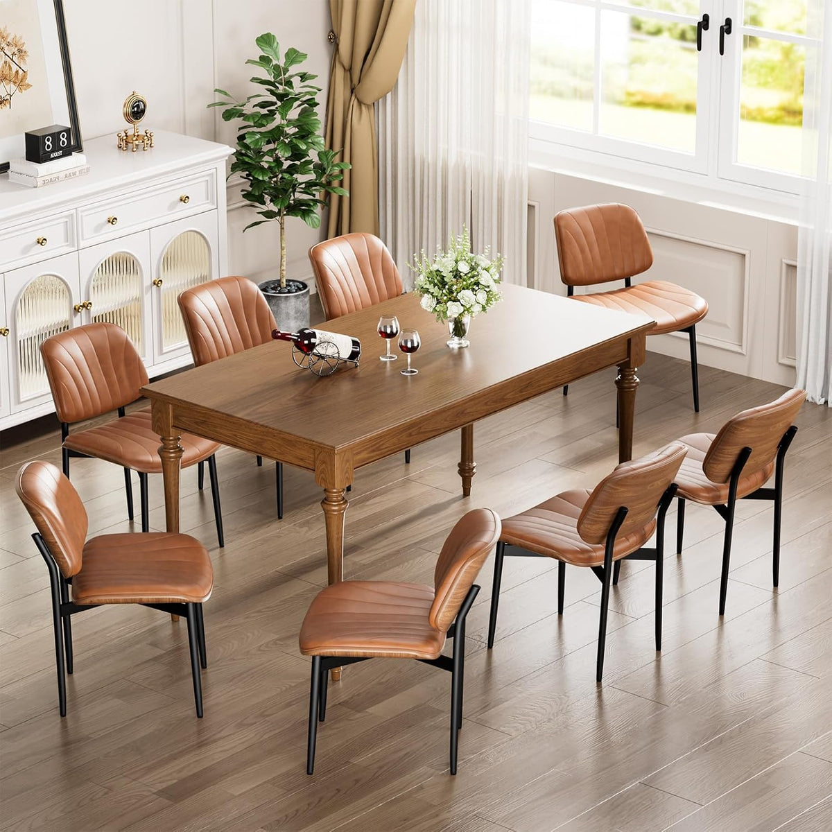 YaFiti Dining Chairs Set of 2, Mid Century Modern PU Leather Kitchen Chairs | Ergonomic Walnut Backrest, Upholstered Waterproof PU Leather Seat, Stable Metal Legs, Adjustable Footpads, Light Tan Scallop