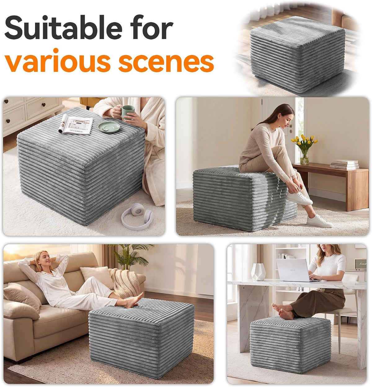 23in Square Pouf Ottoman, Large Corduroy Ottoman Foot Rest with Solid High-Density Foam, Removable Washable Cover, Soft Floor Foot Stool for Living Room, Bedroom, Grey