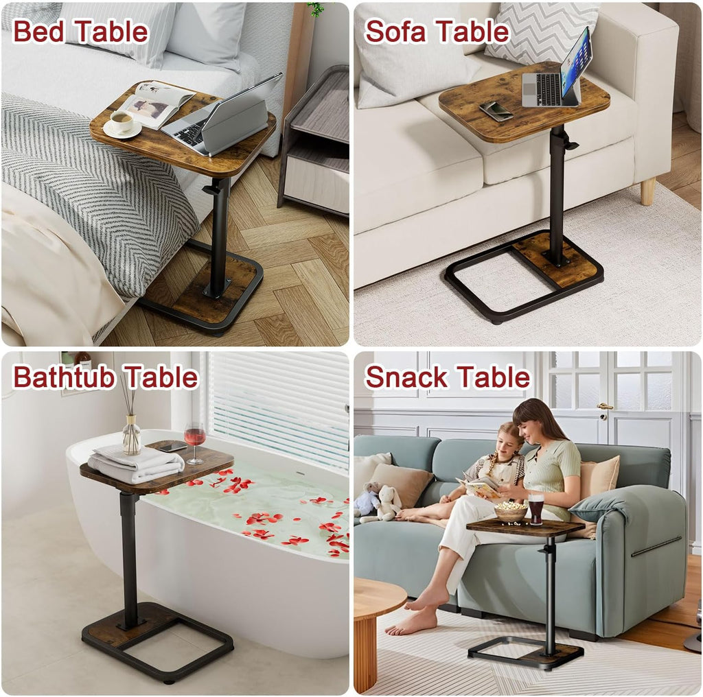 GOYLSER C-Shaped Tables Small Swivel End Table, Height Adjustable Side Tables Living Room, Rotating Snack Couch Wooden Tv Trays for Eating On Couch, Rustic Brown