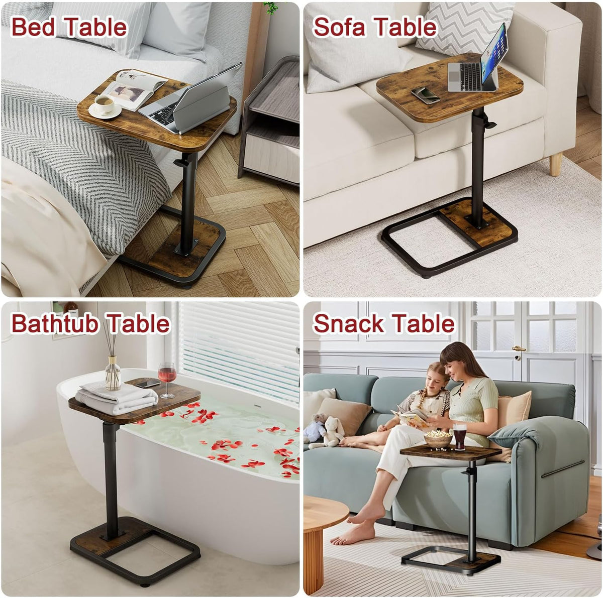 GOYLSER C-Shaped Tables Small Swivel End Table, Height Adjustable Side Tables Living Room, Rotating Snack Couch Wooden Tv Trays for Eating On Couch, Rustic Brown