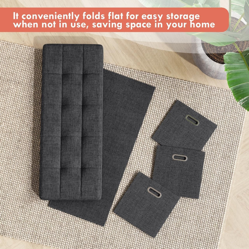 Ornavo Home 40 Inch Storage Ottoman with 3 Drawers, Tufted Linen, Black | Foldable Large Bench Design; Foot Rest Stool Seat; Ideal for Living Room, Bedroom or Entryway
