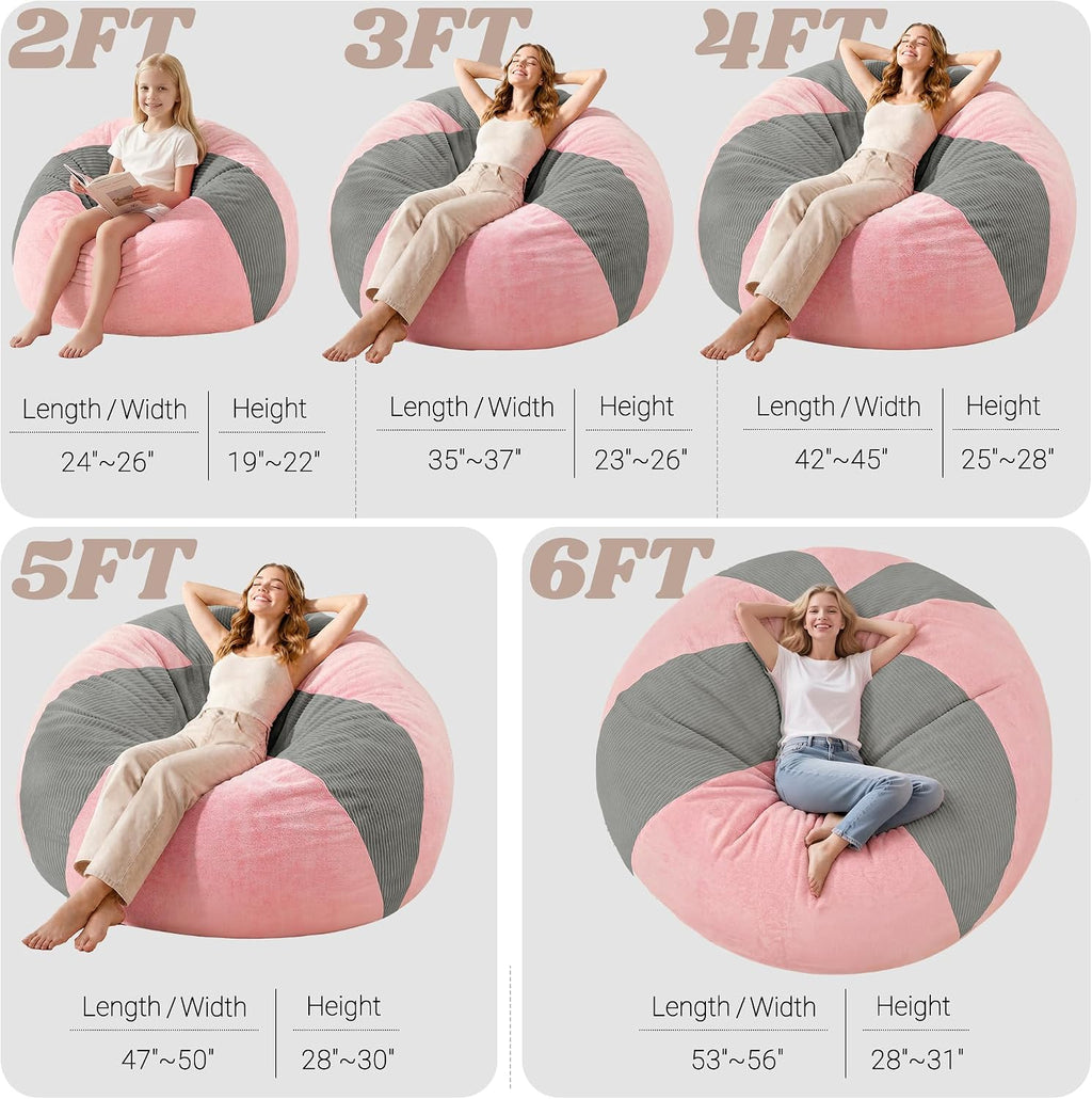 Homguava 6FT Bean Bag Chairs for Adult Teardrop Bean Bag with Memory Foam | Bean Bags with Handy Handle and Washable Cover for Living Room, Bedroom (Corduroy Light Grey/Pink)