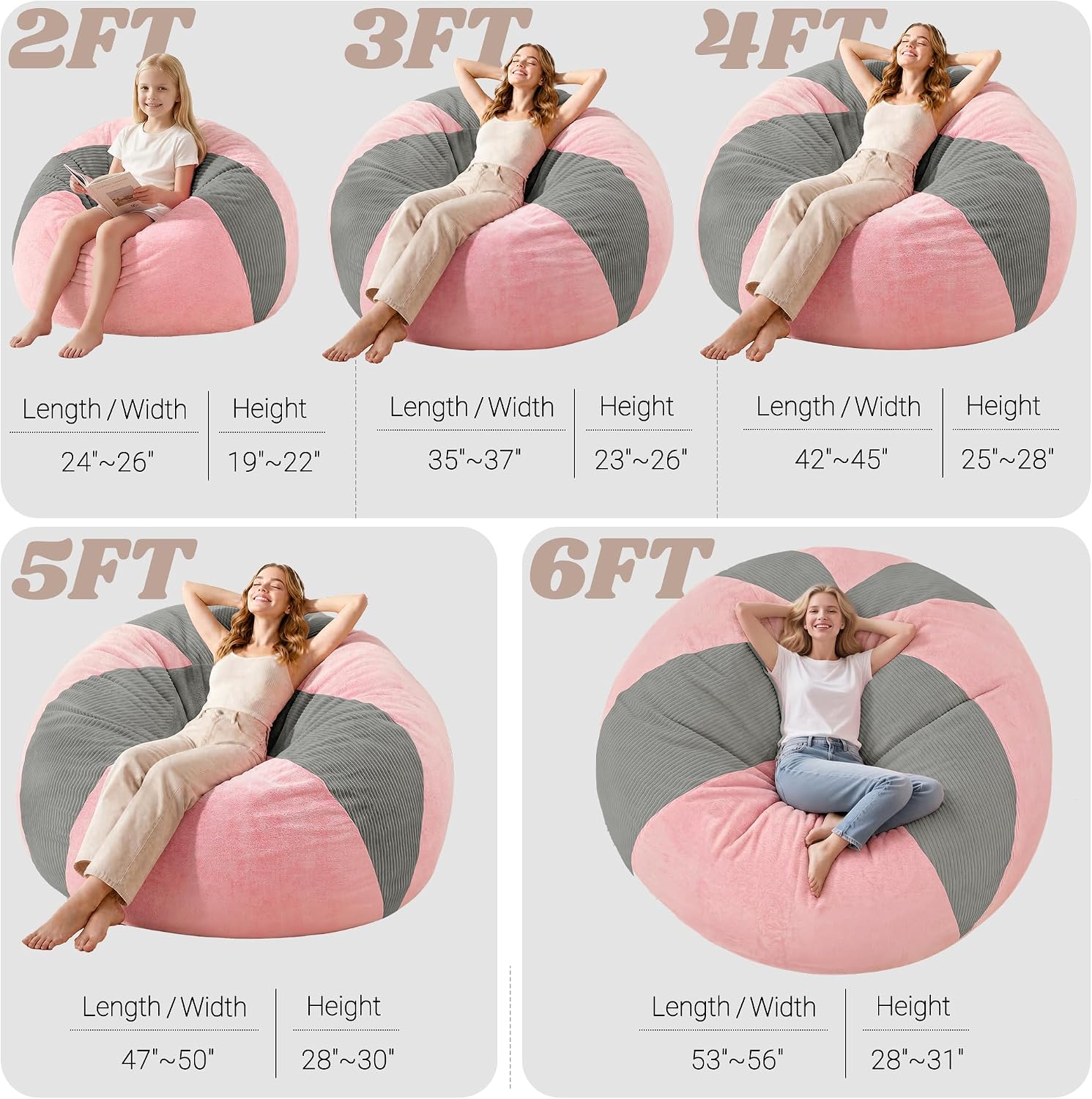 Homguava 6FT Bean Bag Chairs for Adult Teardrop Bean Bag with Memory Foam | Bean Bags with Handy Handle and Washable Cover for Living Room, Bedroom (Corduroy Light Grey/Pink)