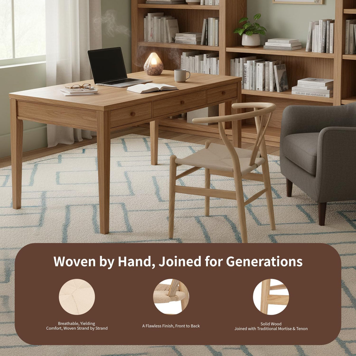 Polynices Wishbone Chair, Weave Modern Solid Wood Mid-Century Y Shaped Backrest Dining Chair (Natural)