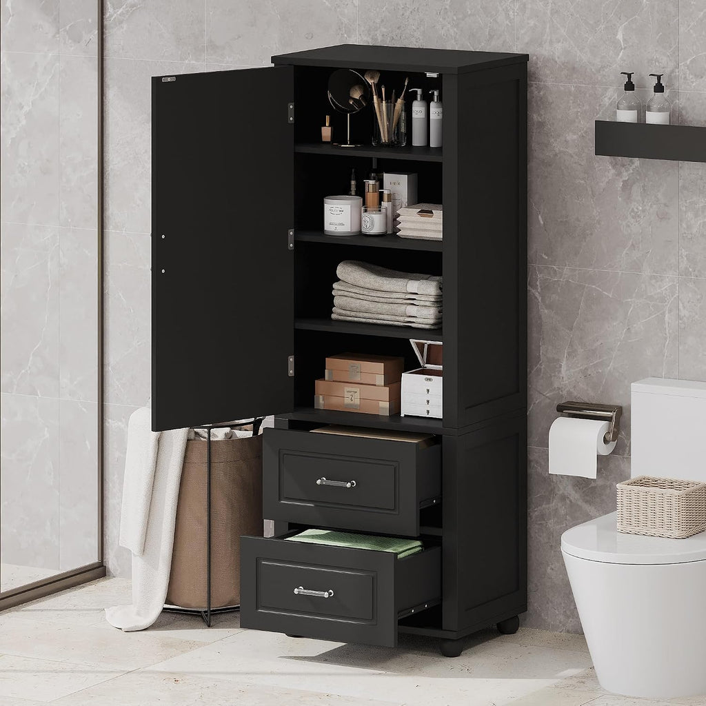 Merax 61.4" Pantry Cabinet with One Door & Two Drawers, Adjustable Shelves Storage Cupboard for Kitchen/Dining Room/Bathroom, Soild Wood Legs, Black