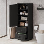 Merax 61.4" Pantry Cabinet with One Door & Two Drawers, Adjustable Shelves Storage Cupboard for Kitchen/Dining Room/Bathroom, Soild Wood Legs, Black