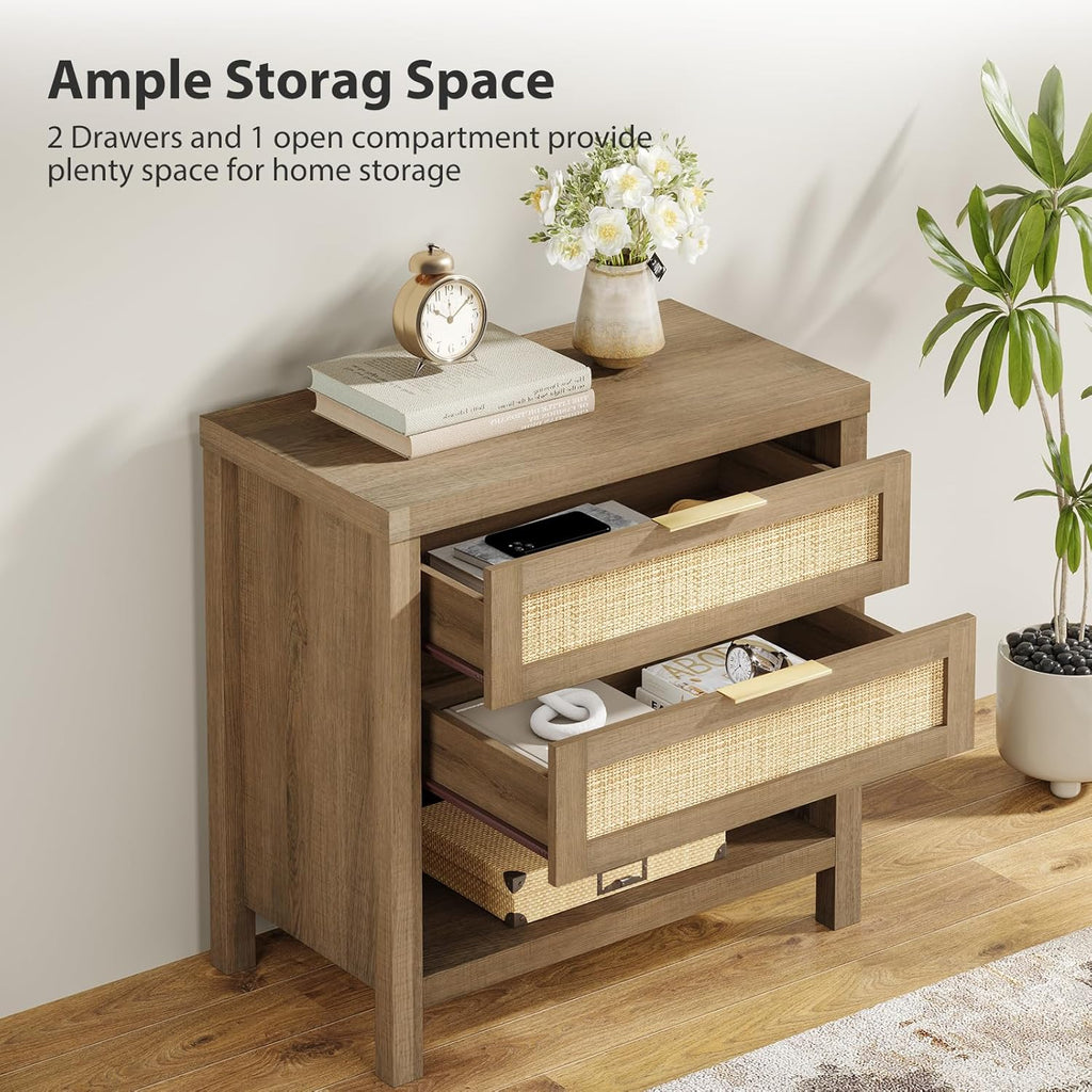 Eclatara Rattan Nightstands Set of 2 with 2 Drawers and Storage Shelf | Rattan Boho Farmhouse Bedside Table Accent Night Stands for Bedroom Large Space Sofa (2, Reclaimed Caramel Oak)