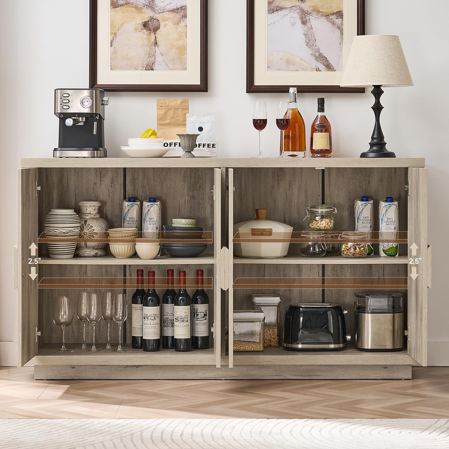 ONBRILL Buffet Cabinet with Storage, 63" Sideboard Cabinet with 4 Doors & Shelves, Wooden Kitchen Coffee Bar Credenza Storage for Living Room, Hallway (63" Wide), Light Grey