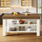 Tribesigns Kitchen Island with Seating and Storage Shelves, 55.1-Inch Breakfast Counter Farmhouse Island Table for Kitchen Dining Room (White and Light Brown)
