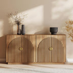 BELLEZE Set of 2 Fluted Buffet Cabinet with Storage, 65 Inch Symmetrical Arc Accent Sideboard Large Console for Kitchen, and Living Room (Caramel Brown)