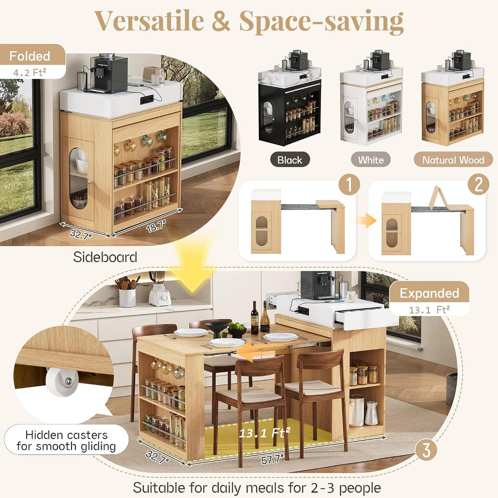Extendable Dining Table with Storage, Transformer Console Table for 1-4 People, Mobile Rolling Island Table Space Saving Dining Room Table with Built-in Outlet for Homes, Apartments, Natural