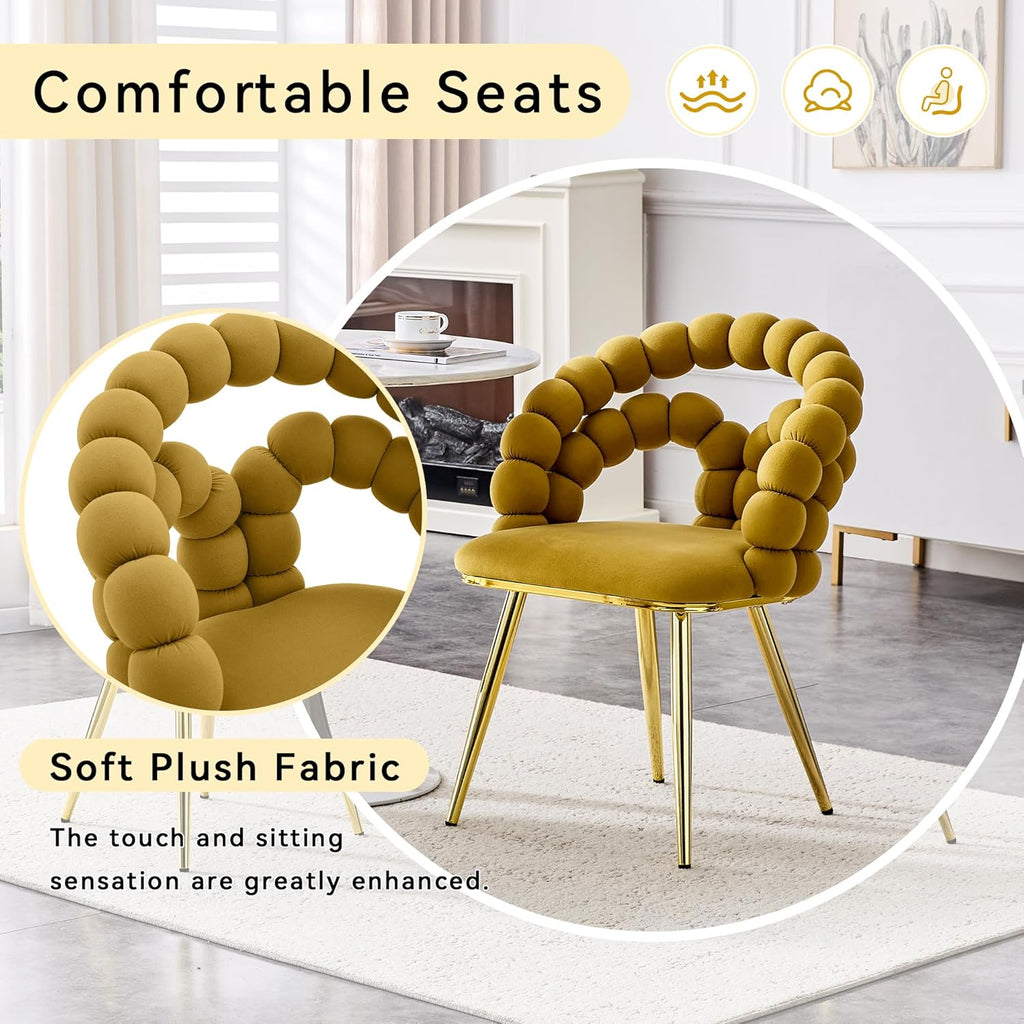 TesNus Velvet Dining Chairs Set of 2, Mustard Yellow Upholstered Velvet Chairs with Gold Metal Legs, Modern Armchairs with Curved Backrest for Dining Room, Living Room, or Makeup Vanity