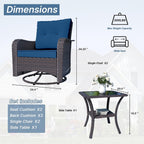 Kurapika 3 Pieces Patio Furniture Set Outdoor Swivel Gliders Rocker, Wicker Patio Bistro Set, Rattan Rocking Chair with Tempered Glass Side Table and Thickened Cushions (Navy Blue)