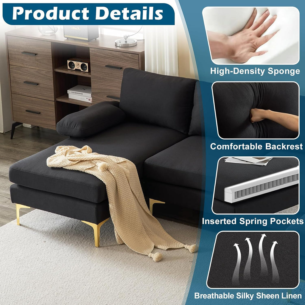 VINGLI 110" Modern Sectional Couch with 51" D Double Chaise, Black Deep Seat U Shaped Couch with Removable Pillows & Metal Legs, Comfy 4-Seat Sofas for Living Room, Linen Fabric