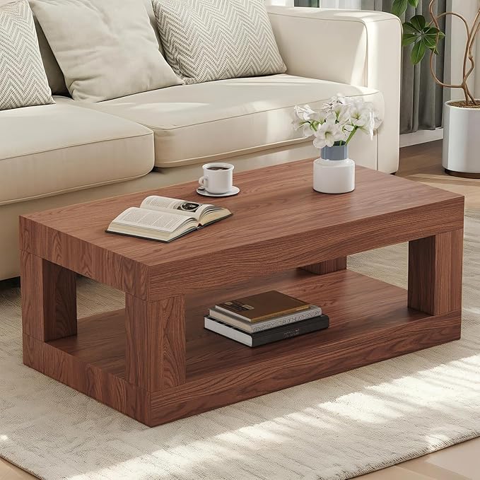 39.37" Coffee Table with Storage, 2-Tier Mid Century Rectangular Accent Table with Thick Tabletop, Rustic Style Cocktail, Center Table for Living Room, Office, Apartment (Walnut)
