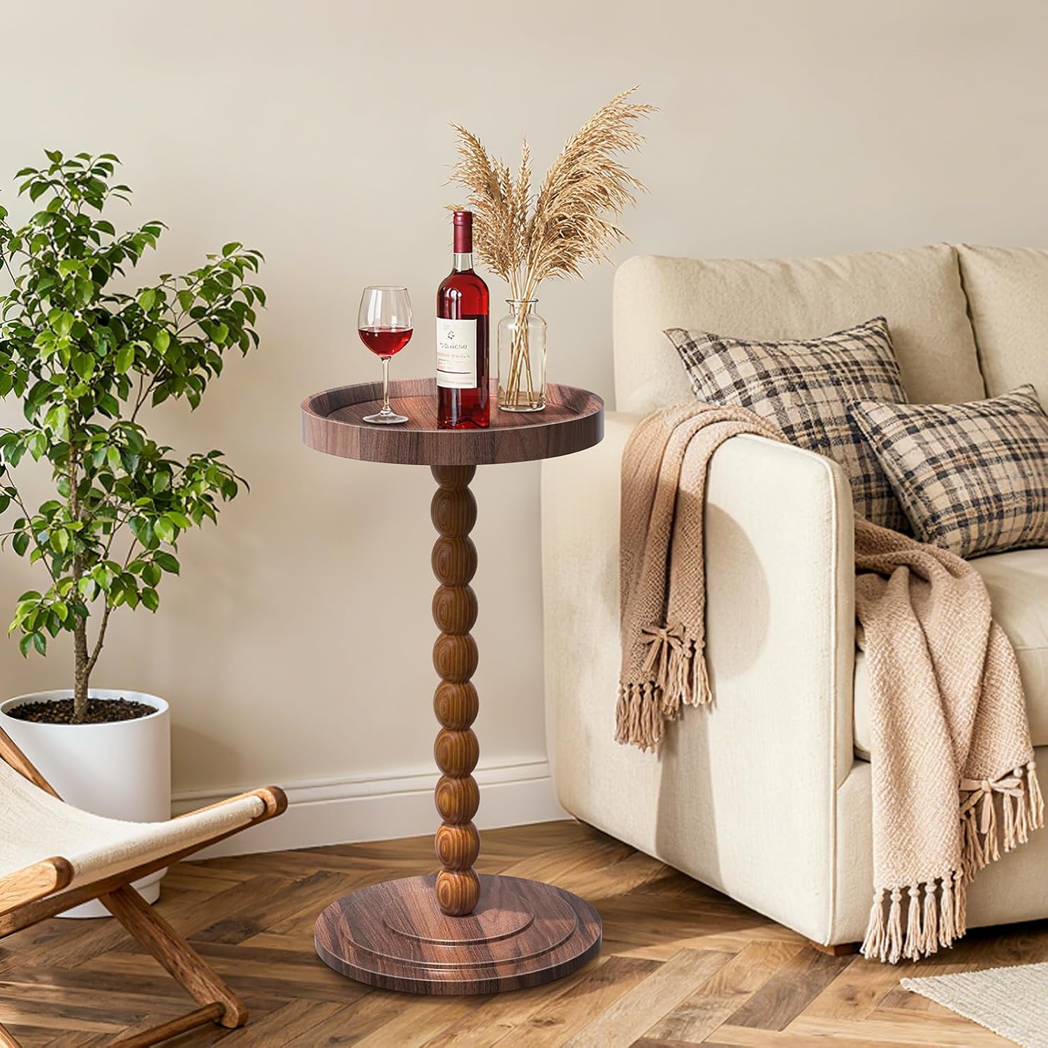 XNSDXV Round Side Table with Solid Wood Leg, Small Drink Table for Small Spaces, Martini Table with Raised Edge, Pedestal Side Table for Living Room, Bedroom,Sofa and Couch (Walnut Brown)
