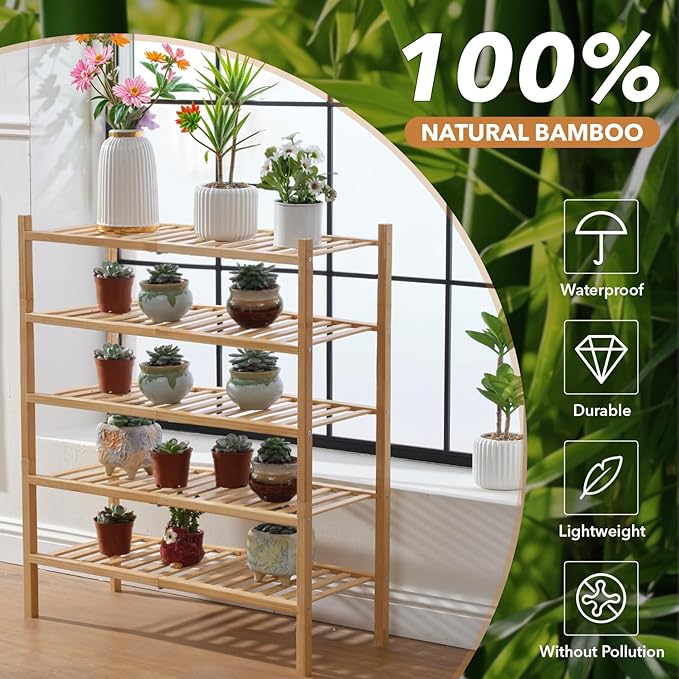 5 Tier Bamboo Shoe Rack Storage Organizer for Closet, Multifunctional Stackable Free Standing Shoe Shelf Organizer for Small Space,Entryway,Hallway,Bathroom 27"x11"x32"(Natural, 5 Tier)