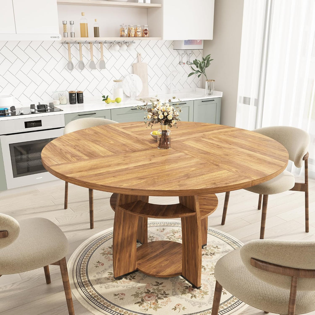 Jojoka 47 Inch Round Dining Table for 4-6 People, Wooden Kitchen Table with Sturdy Pedestal Base, Small Dining Table, Round Table for Dining Room & Living Room, Easy Assembly – Walnut Brown