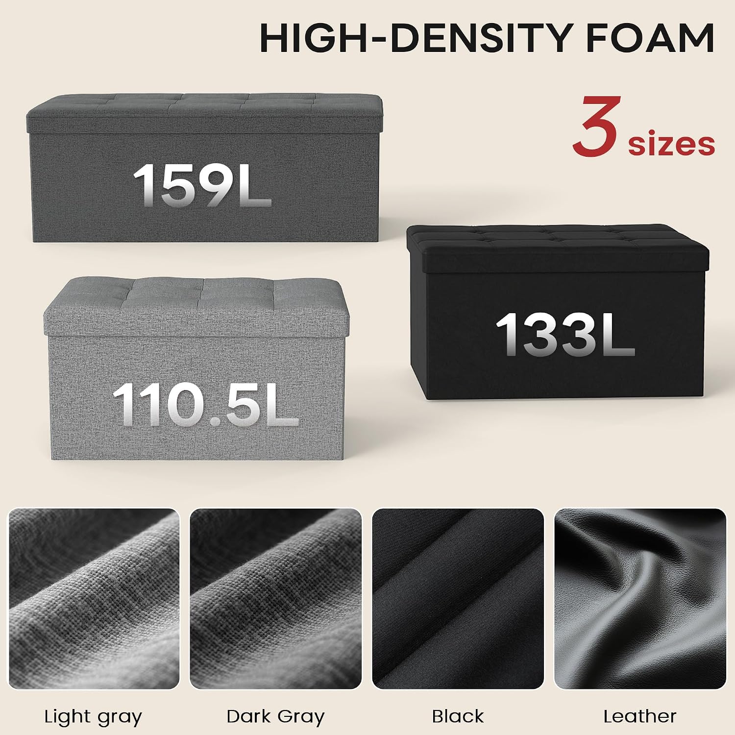 Ottoman with Storage,Black | Folding Storage Ottoman Bench for Living Room and Bedroom,Rectangle Foot Rest Stools Holds up to 660 lbs