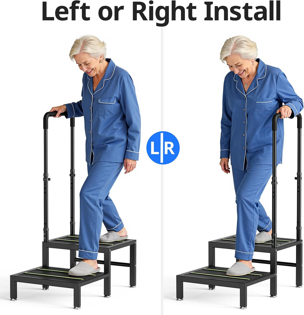 2 Step Stool with Handle, Heavy Duty Step Stool for Elderly and Adults, Adjustable Handrail with Non-Slip Platform, Bedside Steps for High Beds, Kitchen and Bathroom
