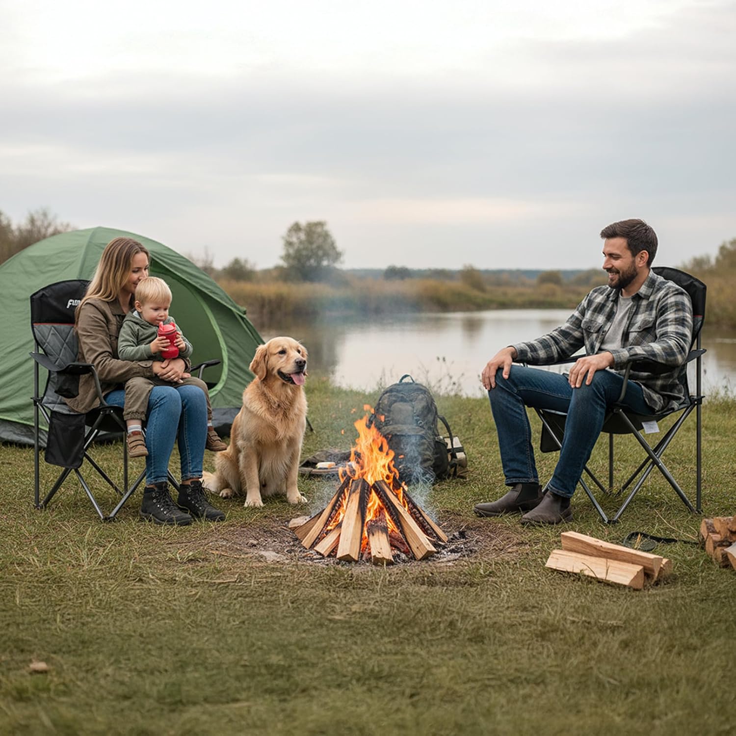 Padded Camping Chair with Sturdy Armrests, Heavy Duty Folding Chair for Adults Supports 350lbs, Portable Outdoor Chair with Reinforced Carry Bag for Camping, Fishing, Lawn & Sports