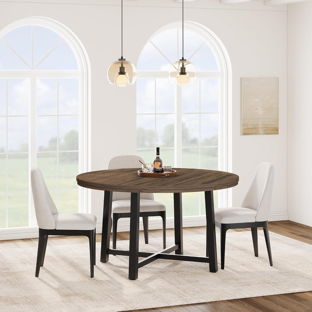 GarveeHome 47 in Round Dining Table, Industrial Dinner Table for 4 to 6, Wooden Kitchen Table with Sturdy Metal Frame & Rustic Brown Finish, Circle Kitchen Table for Dining Room, Kitchen （No Chairs）