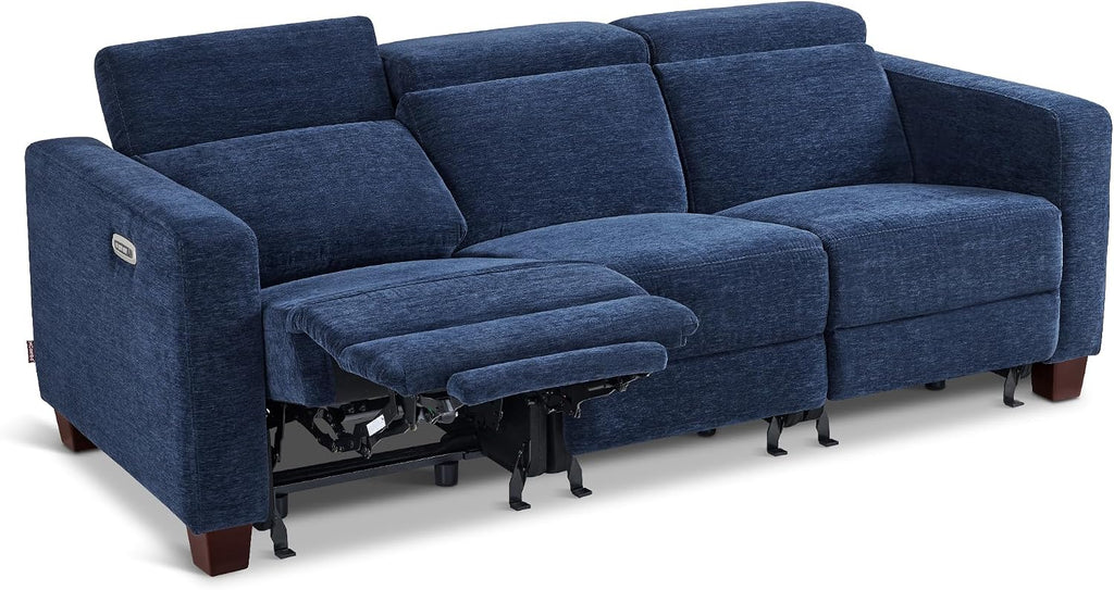 MCombo 85.4'' Zero Wall Hugger Power Recliner Sofa, HL198M3 (Navy Blue) | 3-Seater, Power Headrest, USB A & C Charge Ports, Solid Wood Legs, Small Spaces, Living Room, Chenille Fabric