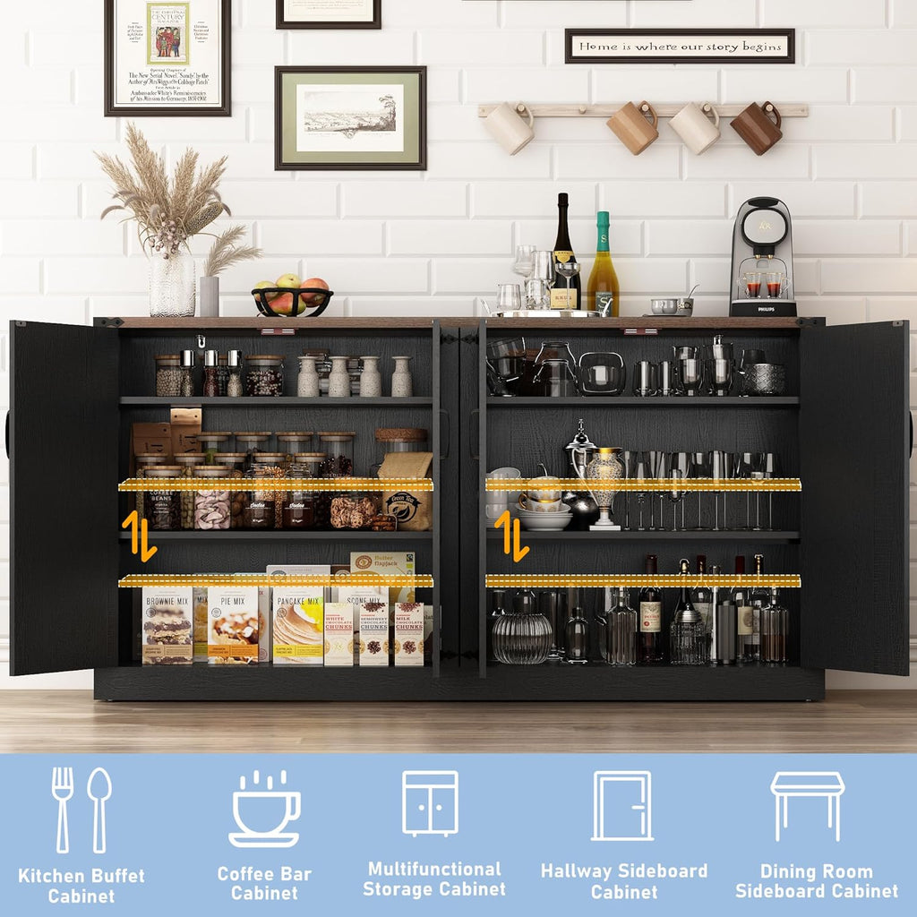 Sideboard Buffet Cabinet with Storage - 65 Inch Farmhouse Kitchen Pantries Sideboard Cabinets with Adjustable Shelves, Wooden Coffee Bar Cabinet Buffet Table for Kitchen, Dining Room, Black