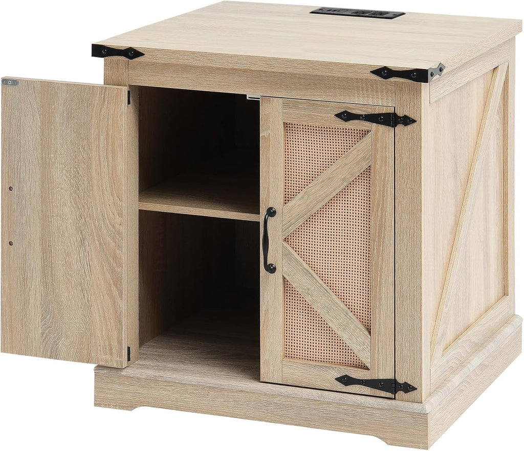 VEVOR Farmhouse End Table, Rectangle PE Rattan Woven Wood Coffee Table, 24-Inch Modern Boho Style Storage Coffee Table with Retro Metal Hinges, for Living Room, Bedroom & Small Spaces