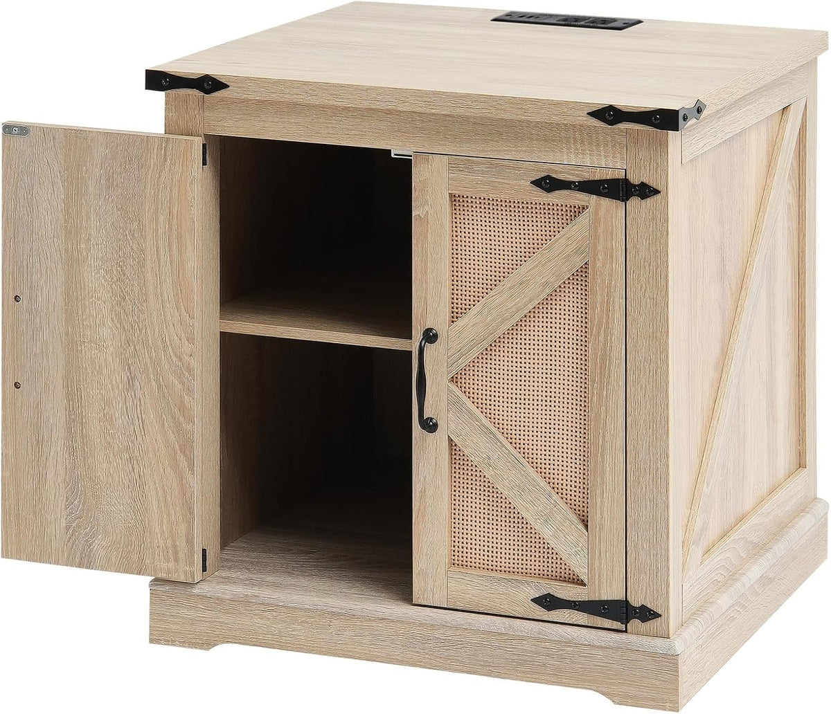 VEVOR Farmhouse End Table, Rectangle PE Rattan Woven Wood Coffee Table, 24-Inch Modern Boho Style Storage Coffee Table with Retro Metal Hinges, for Living Room, Bedroom & Small Spaces