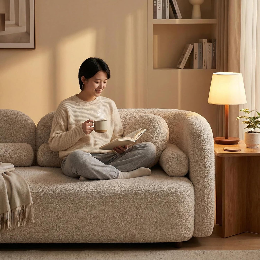 69" Compact Curved Sofa for Small Spaces & Apartments, Japandi Style Boucle Couch, Minimalist 2-Seater Sofa with Solid Wood Frame, Modern Living Room Couch with Pillows
