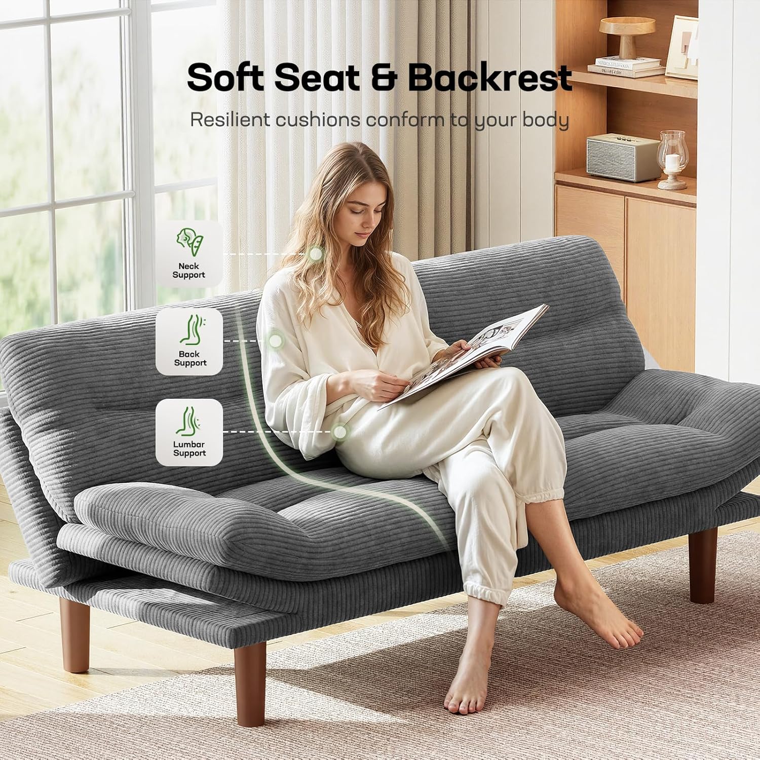Marsail 66.02" Futon Sofa Bed, Convertible Couch & Sleeper Sofa, Light Grey | Versatile 2-in-1 Futon Sofa Bed with Adjustable Backrest & Armrests, Perfect for Small Apartments & Guest Rooms