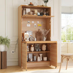 69" Compact Kitchen Pantry with Power Outlet, Freestanding Wooden Kitchen Organizers Storage Cabinet with Hutch and Foldable Workstation, Pantry Buffet with Adjustable Shelf for Dining Room, Natural