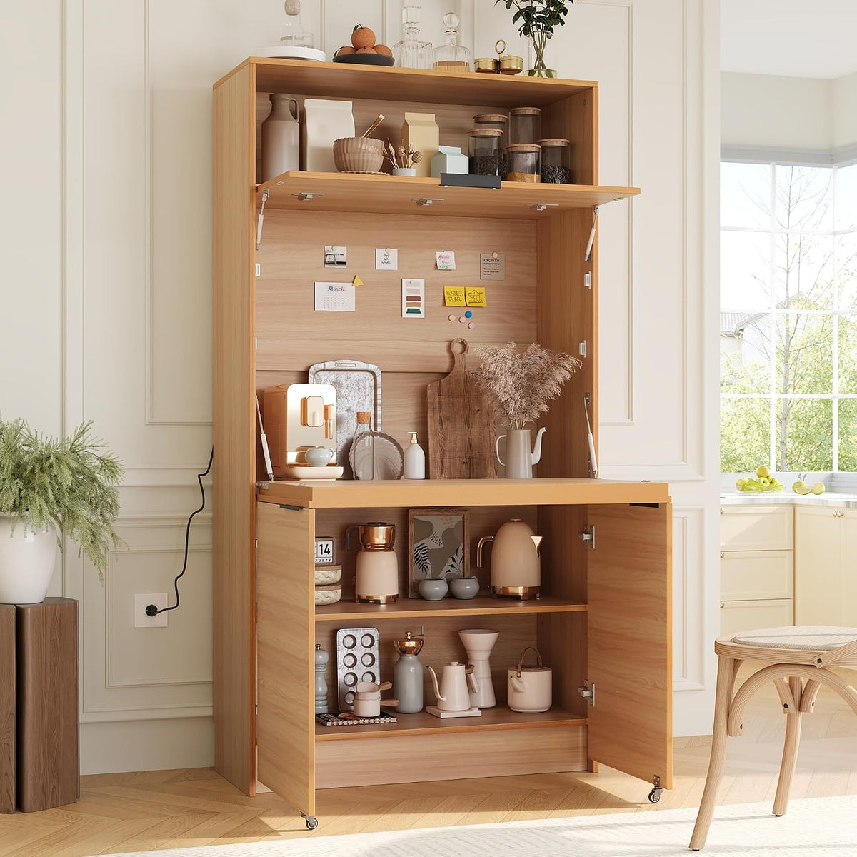69" Compact Kitchen Pantry with Power Outlet, Freestanding Wooden Kitchen Organizers Storage Cabinet with Hutch and Foldable Workstation, Pantry Buffet with Adjustable Shelf for Dining Room, Natural