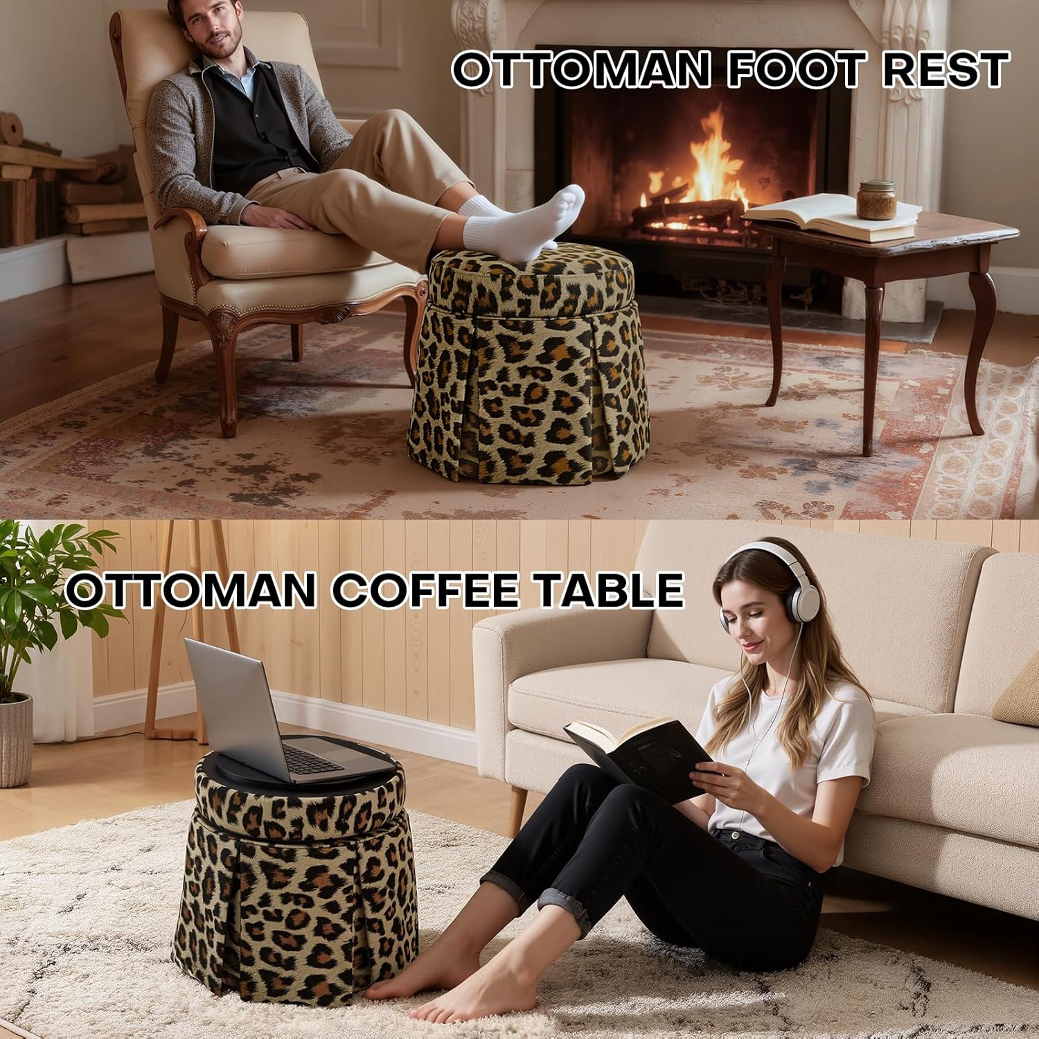 18" Round Storage Ottoman, Upholstered Leopard Print Stool-Foot Rest Skirt Hem, Footstool Pouf with Vietnam Acacia Wood Frame(500Lbs), Reversible Tray Lid for Bedroom,Fully Assembled
