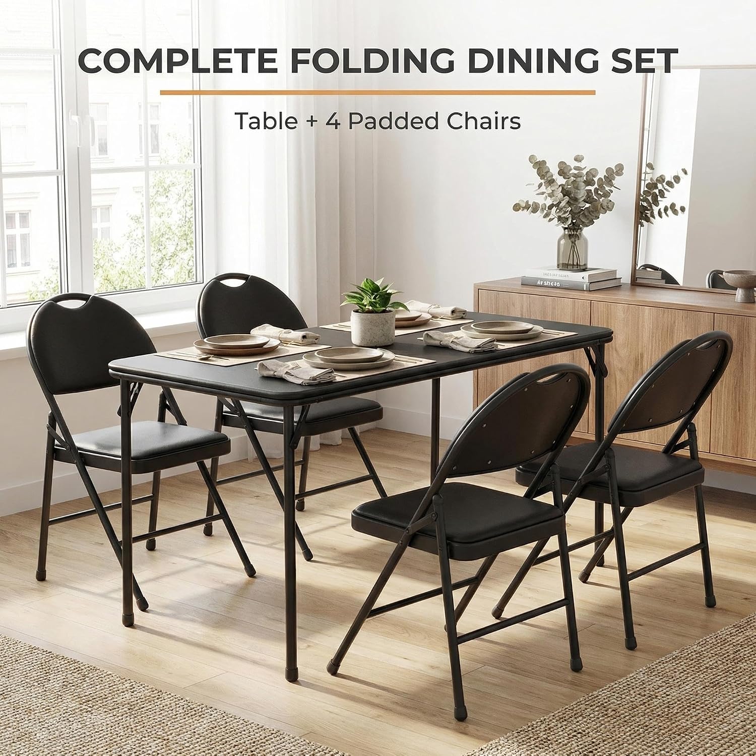 IDEALHOUSE 5 Piece Protable Folding Card Table and Chairs Set, Black | Foldable PU Upholstered Table and Chairs Set of 5, Metal Frame, for Dining Room, Living Room, Office, Camping