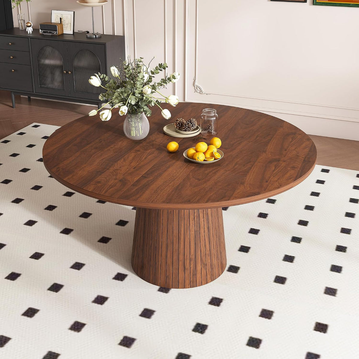 47" Round Dining Table for 4, Modern Farmhouse Kitchen Table with Wood Strip Base, Walnut Finish Circle Tables for Kitchen and Living Room Walnut