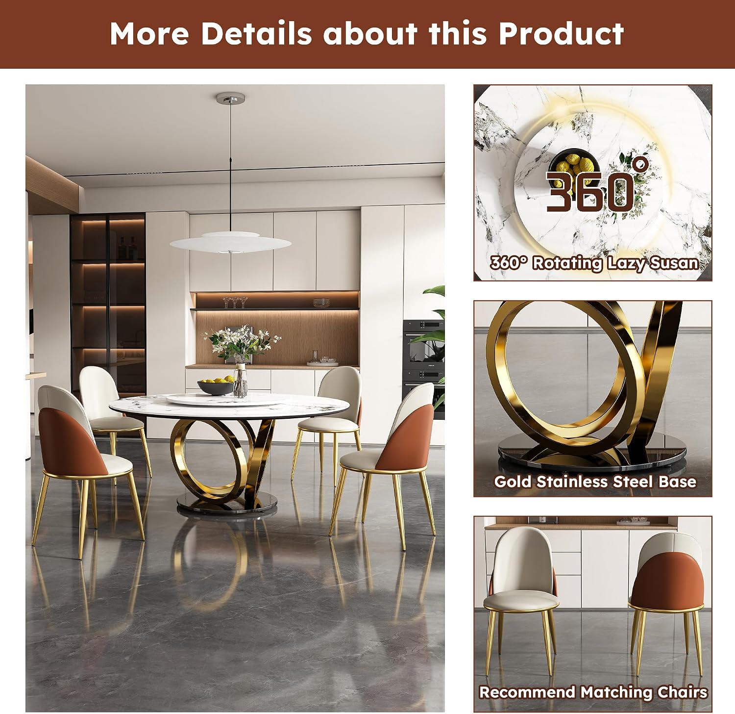 Montary 59” Modern Round Dining Table for 6-8 Seat, Artificial Marble Dining Room Table with Lazy Susan, 3 Gold Circles Stainless Steel Base, Sintered Stone Top Dining Table (Only Table)