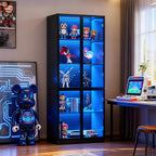 Wildhome 79'' Tall Glass Display Cabinet with LED Lights,Showcase with Glass Doors,5-Tier Curio Cabinet for Collectibles Bookcase,Storage Shelf, Bookcase (Black- 5 Layers, Large)