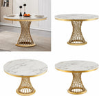 GlyphForm 47" Round Faux Marble Dining Table for 4 to 6, Luxury Modern White Kitchen Table with Gold Stainless Steel Spiral Base Frame, easy to clean Heavy Duty Dining Room Table for Home Office, MDF