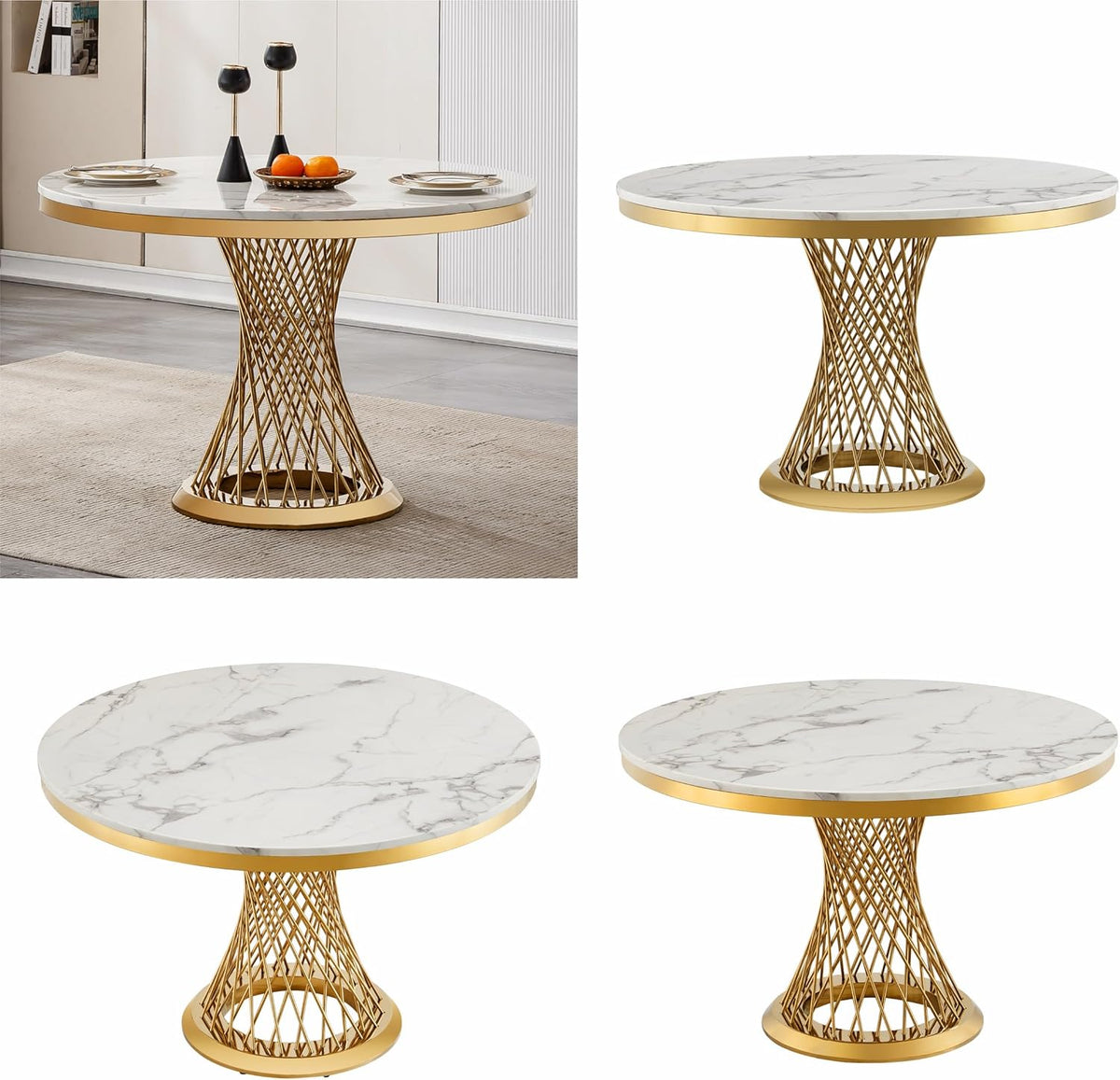 GlyphForm 47" Round Faux Marble Dining Table for 4 to 6, Luxury Modern White Kitchen Table with Gold Stainless Steel Spiral Base Frame, easy to clean Heavy Duty Dining Room Table for Home Office, MDF
