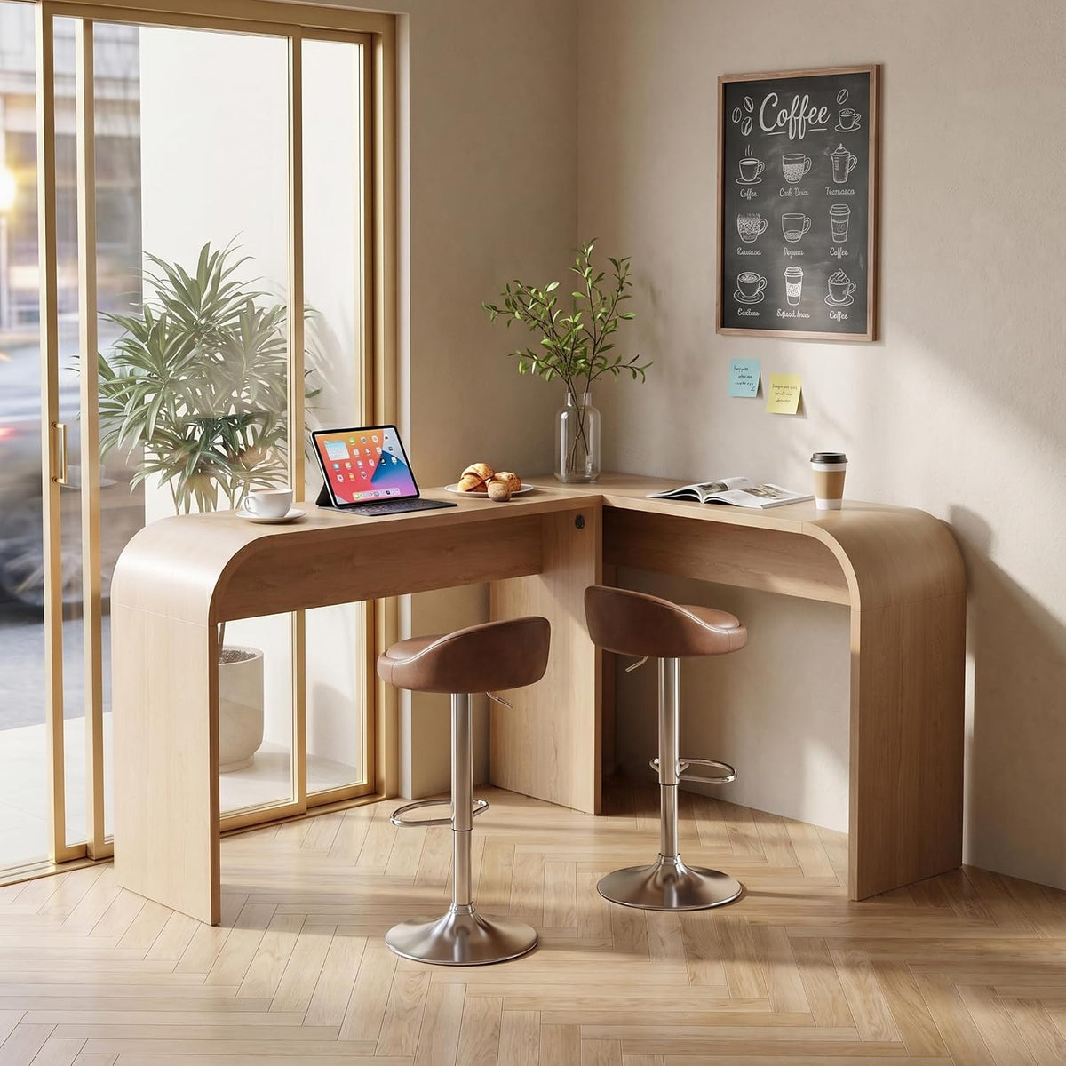 Curved Narrow Console Table, Skinny Behind Couch Counter Height Bar Table | 55.12"Lx17.72"Dx35.43"H Mid Century Modern Slim Breakfast Accent Table for Entryway Hallway Living Room, Rounded Edge-Natural