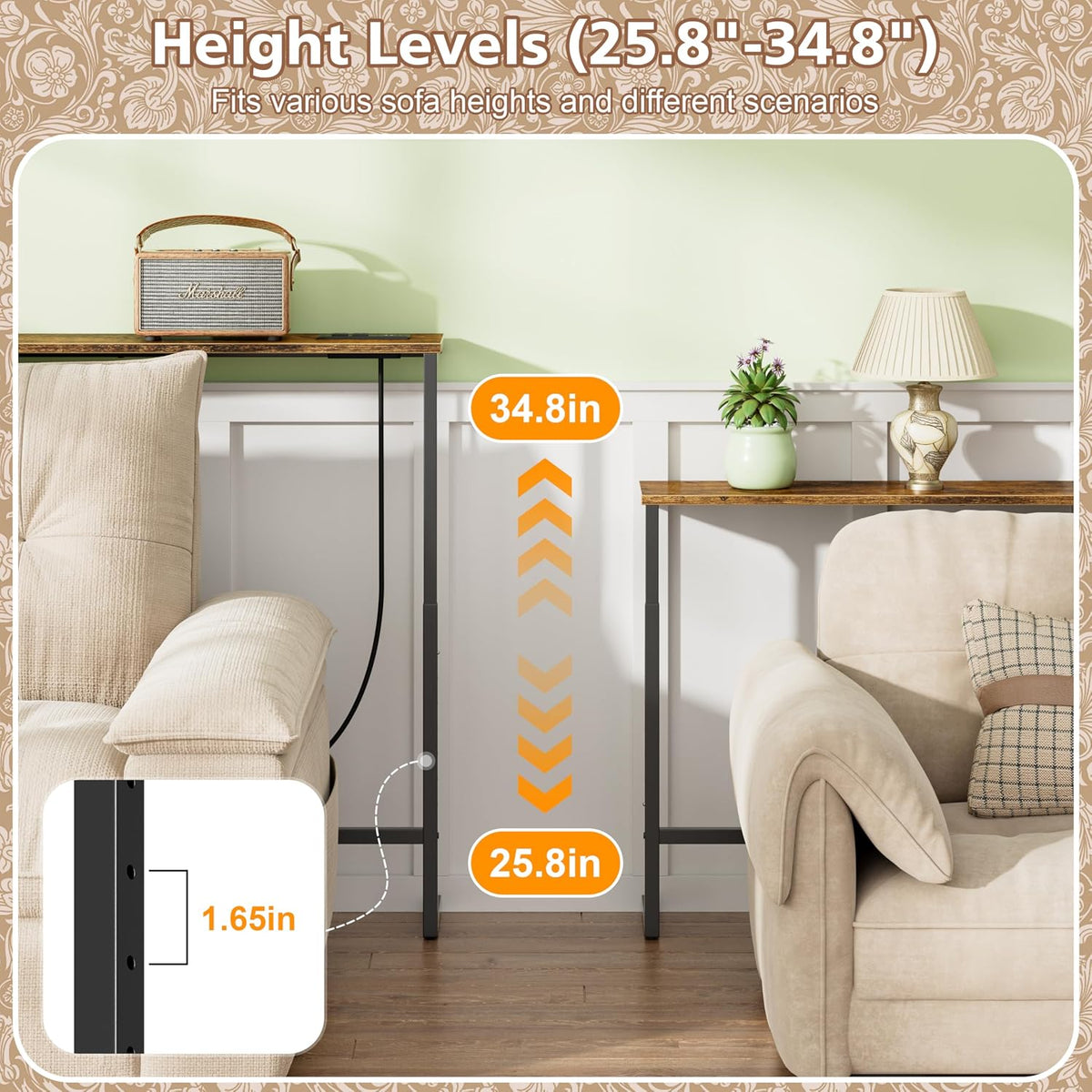 Skinny Sofa Table Behind Couch, Narrow Console Table 78.8" Long Entryway Table with 2 Power Outlets & Adjustable Height (25.8"-34.8"), for Living Room, with LED Lights, Rustic Brown
