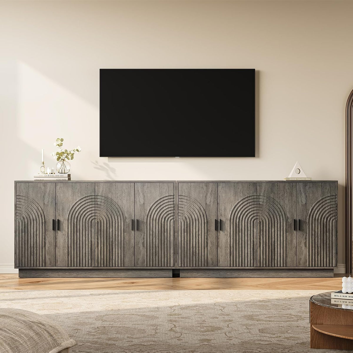 Fluted Sideboard Buffet Cabinet with Storage - 57" Credenza Coffee Bar Cabinet with 4 Doors, Accent Kitchen Storage Cabinets with Adjustable Shelves for Living & Kitchen, Entryway, Modern